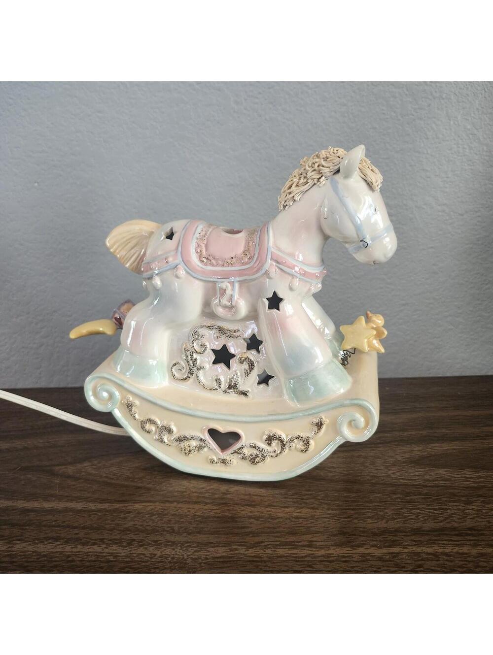 Vintage Porcelain Rocking Horse Nursery Lamp Pastel Stars Glitter 2001